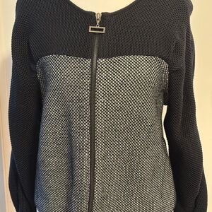 Paula Hian Black Knit Fabric zip up jacket. Size large.